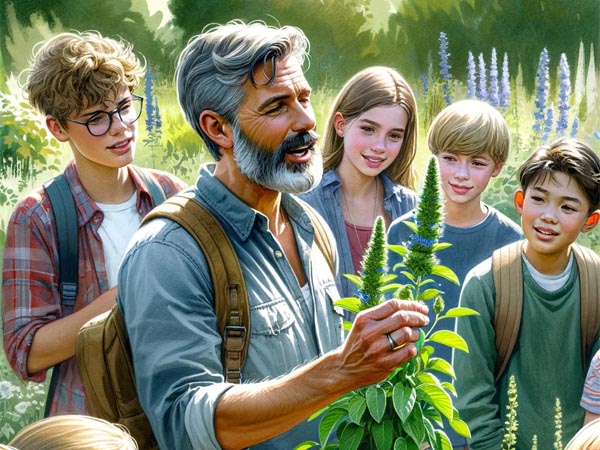 teacher holding a Salvia sclarea plant and explaining about it to a group of students during a nature tour