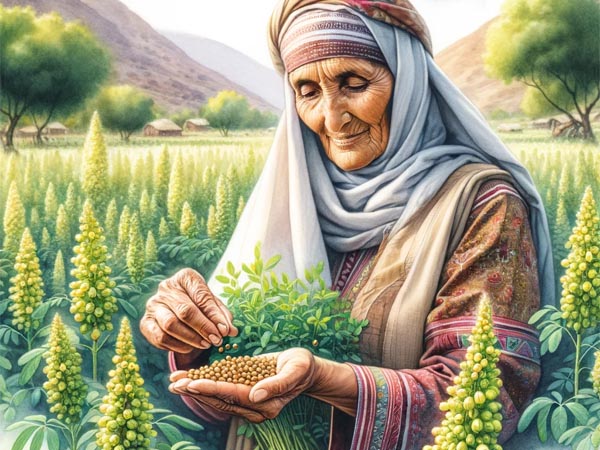 Yemeni woman in traditional clothes, in a field full of fenugreek plants
