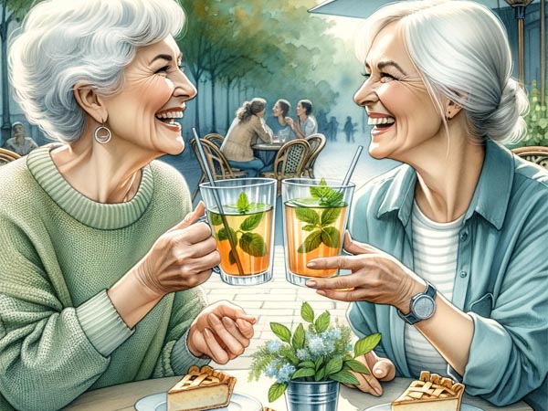 two older women sitting in an open-air cafe and joyfully sipping tea with mint leaves