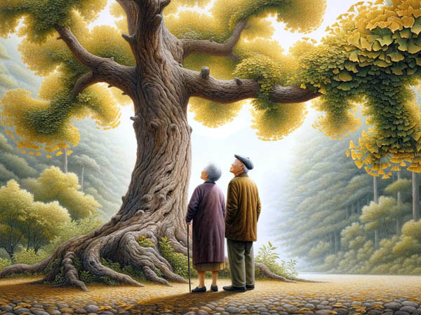 An elderly Chinese couple is standing next to a Ginkgo Biloba tree and looking at it enthusiastically