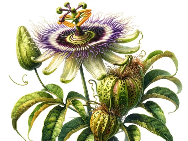 Passiflora incarnata flowers and fruit
