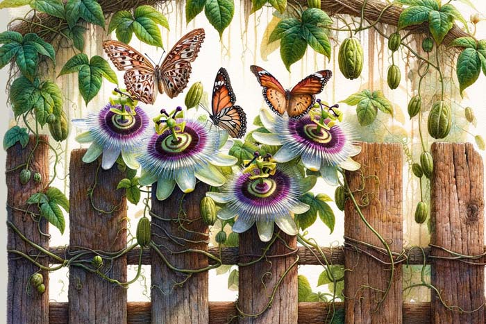 three butterflies feeding on Passiflora incarnata vines on a brown wooden fence