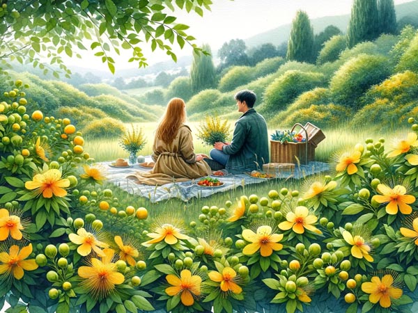 a man and a woman having a picnic surrounded by St John's Wort flowers