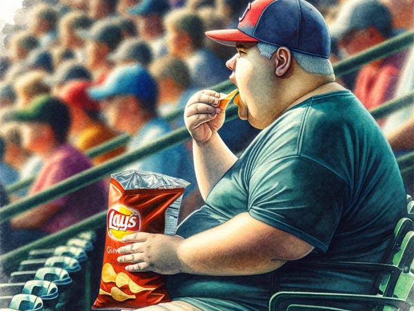 A fat man, wearing a baseball cap, sits in the baseball stands and eats from a large bag of chips