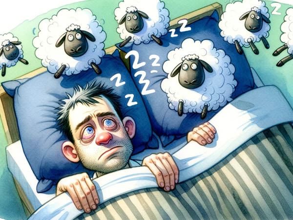 a tired man lying in bed and counting sheep in an attempt to fall asleep