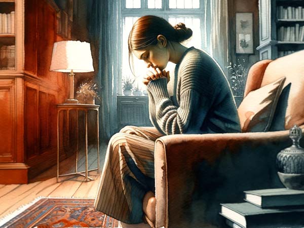 young woman suffering of urinary tract infection sitting cross-legged on an armchair, appearing uncomfortable.