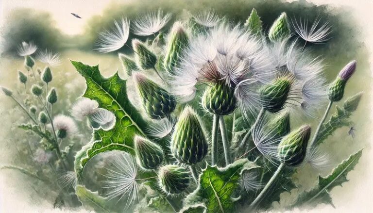 A watercolor painting of Milk Thistle leaves and seeds!