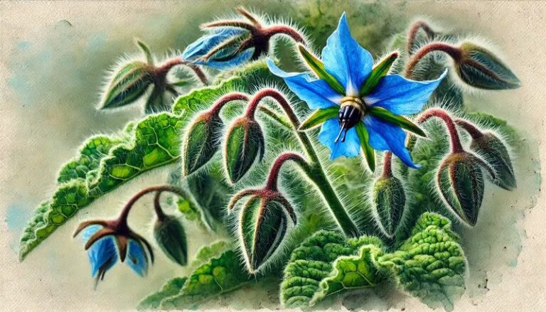 A watercolor painting of a close-up view of the leaves, flowers, and seeds of Borago officinalis (Borage).