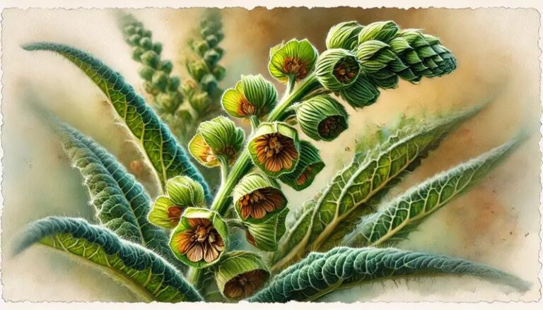 A watercolor painting of the leaves and seeds of Verbascum sinuatum.