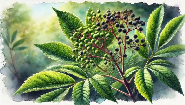 A watercolor painting of a close-up view of the leaves and seeds of Sambucus nigra (Black Elderberry).